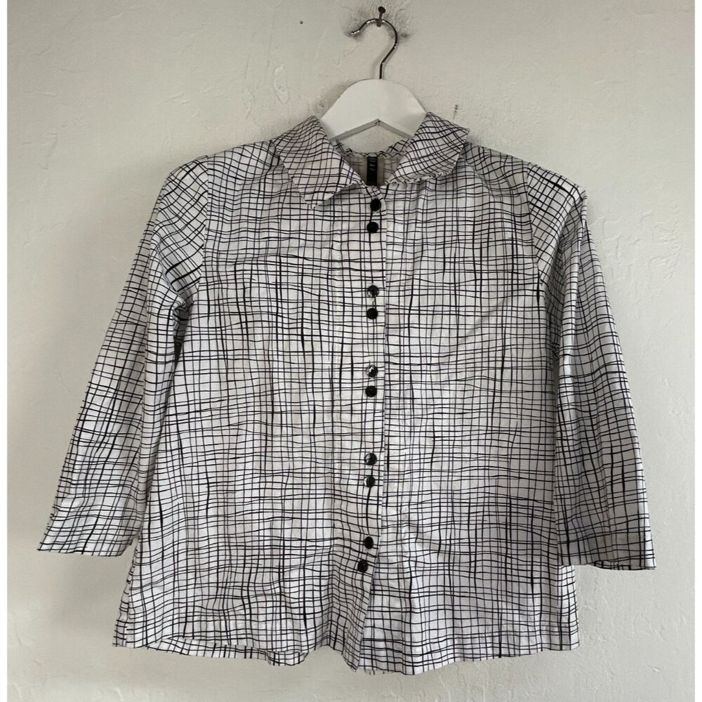 Staples Women's Button Down 3/4 Sleeve Top Sz XS Checkered White Casual Collared